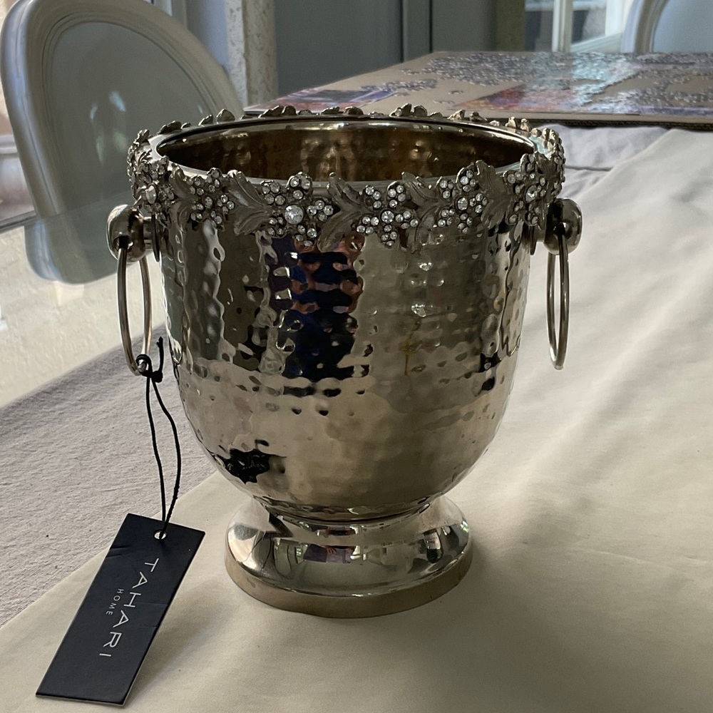 Tahari Silver-Tone Hammered Champagne Bucket with Crystal Floral Rim